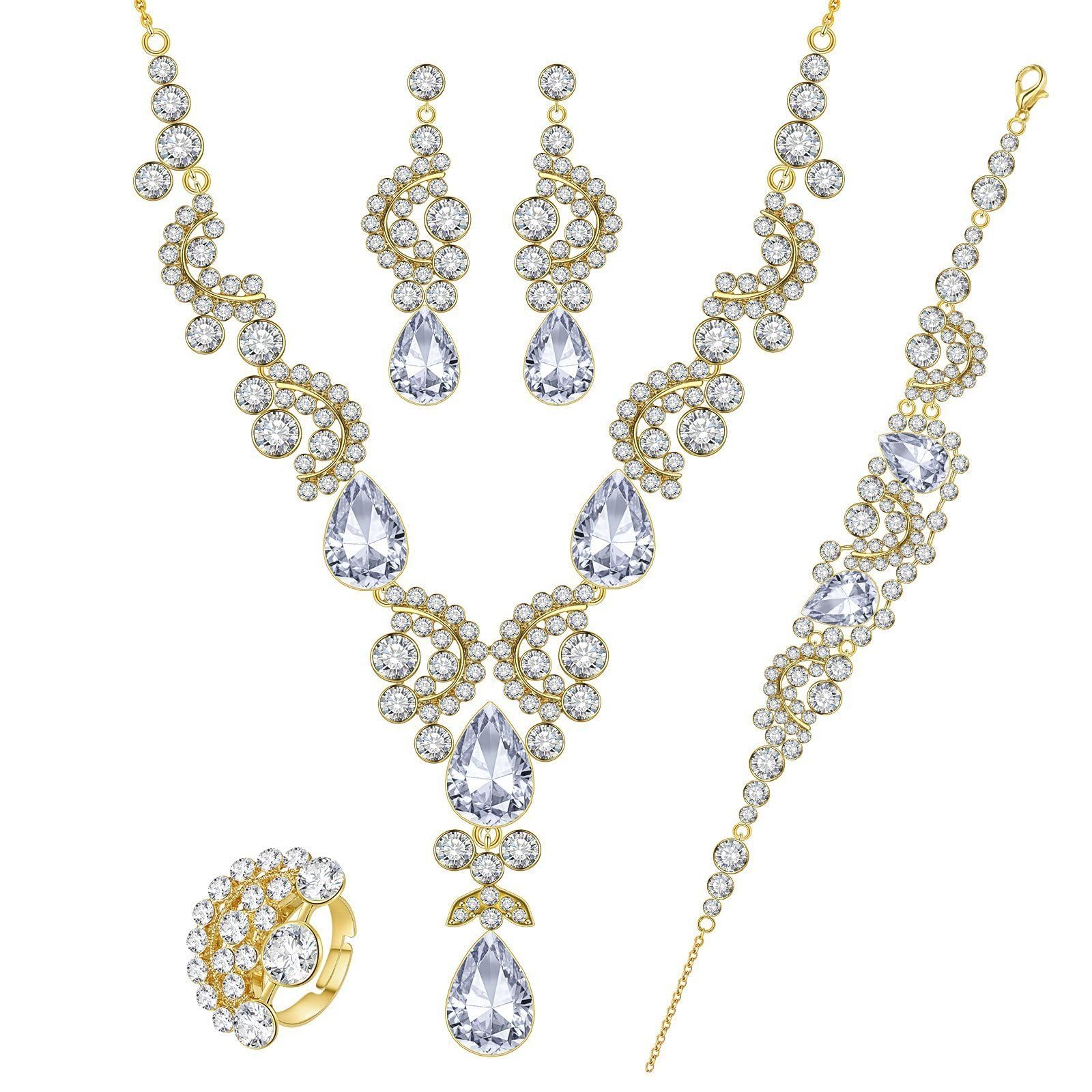 PHOGARY Women's Rhinestone Jewelry Sets with Rhinestone Bracelet, Crystal Rhinestone Necklace, Adjustable Ring, Dangle Earrings for Women Costume Jewelry Fashion Bridal Jewelry