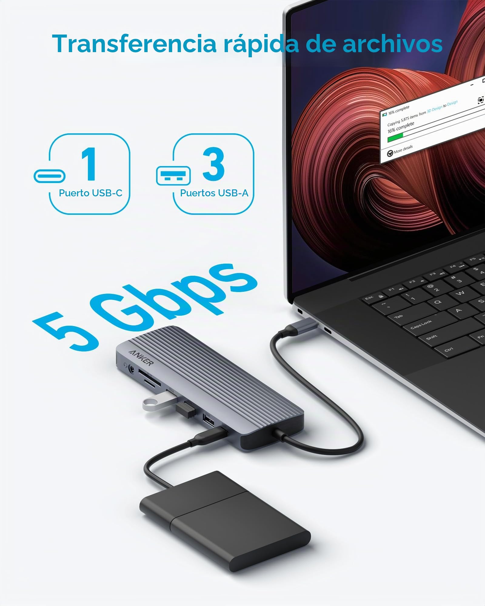 Anker Hub USB C 14 en 1, Triple Pantalla, HDMI 4K 60 Hz, 100 W | USB C y USB A de 5 Gbps para MacBook, Lenovo, DELL XPS y portátiles HP. Cargador no incluido
