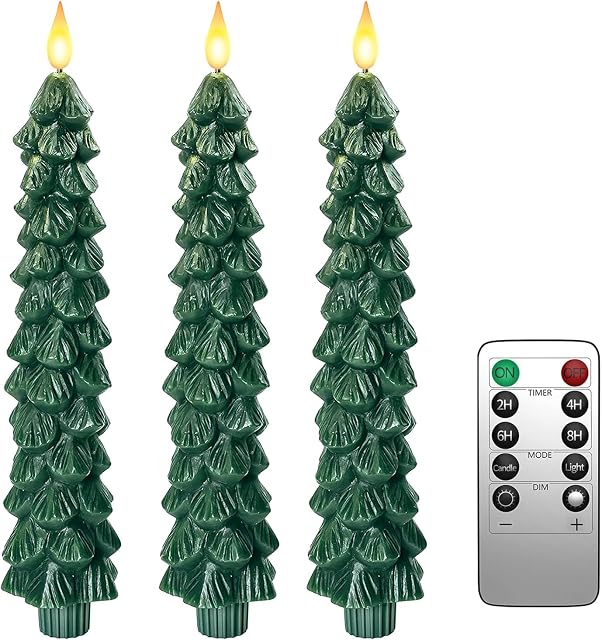 PChero LED Tapered Candles with Remote Control, 3pcs Battery Operated LED Flameless Christmas Tree Taper Candles Flickering for Home Xmas Room Table Decorations