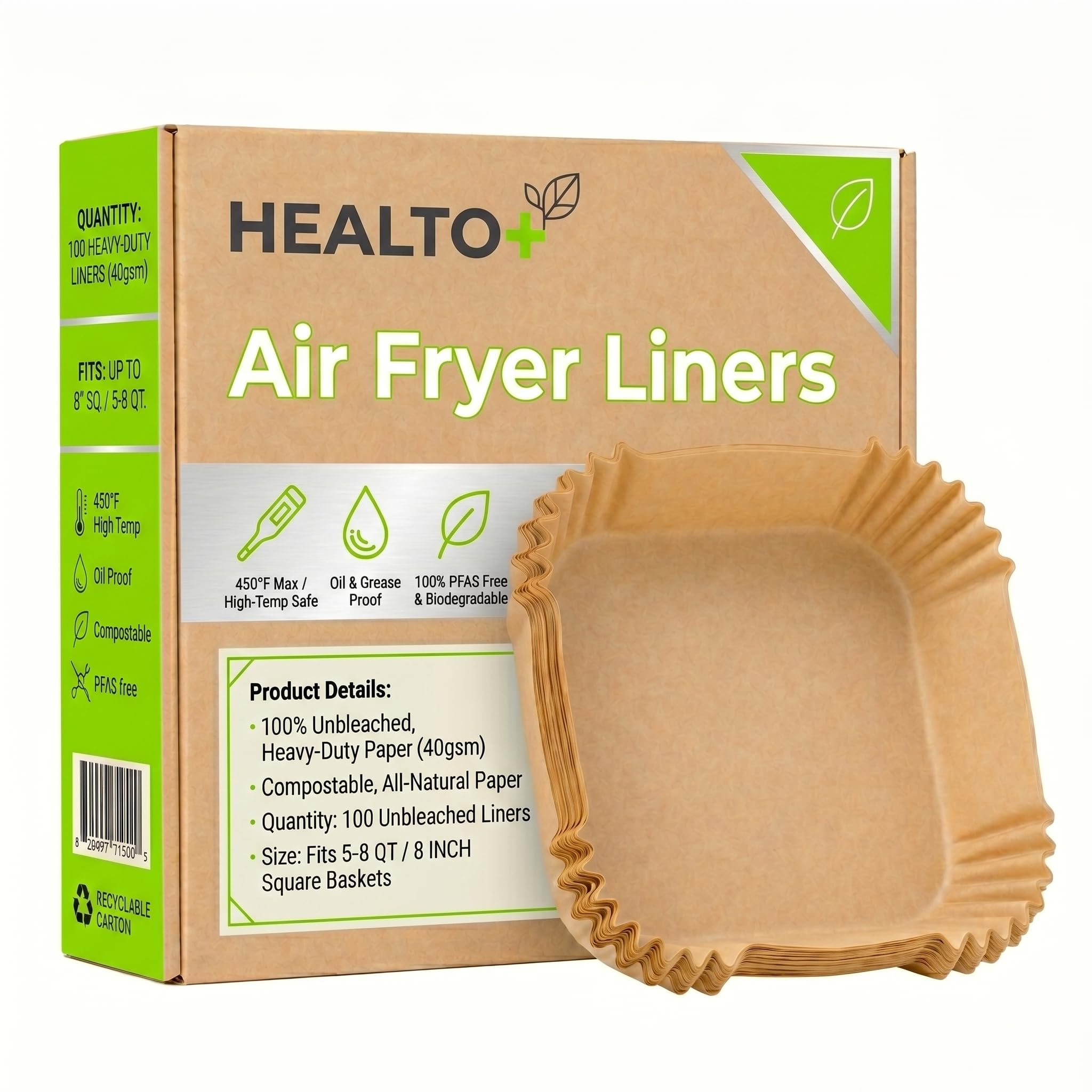 Healto+ 100 Air Fryer Paper Sheets, 8 Inch, SSA Approved - Non-Toxic & Uncoated, Fits 5-8QT, Brown