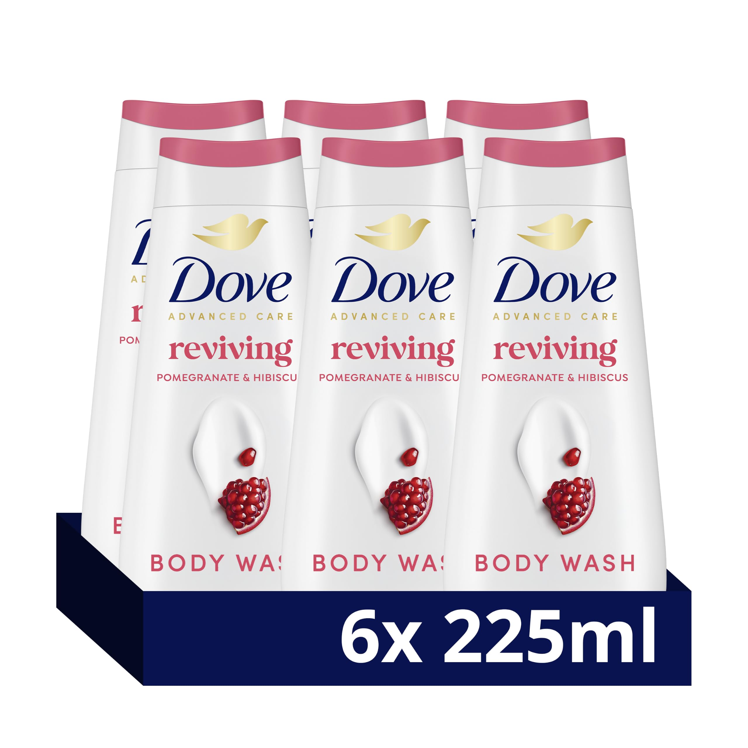 Dove Advanced Care Reviving Body Wash Body Cleanser shower gel with pomegranate & hibiscus extracts for instantly lotion-soft skin 6x 225 ml