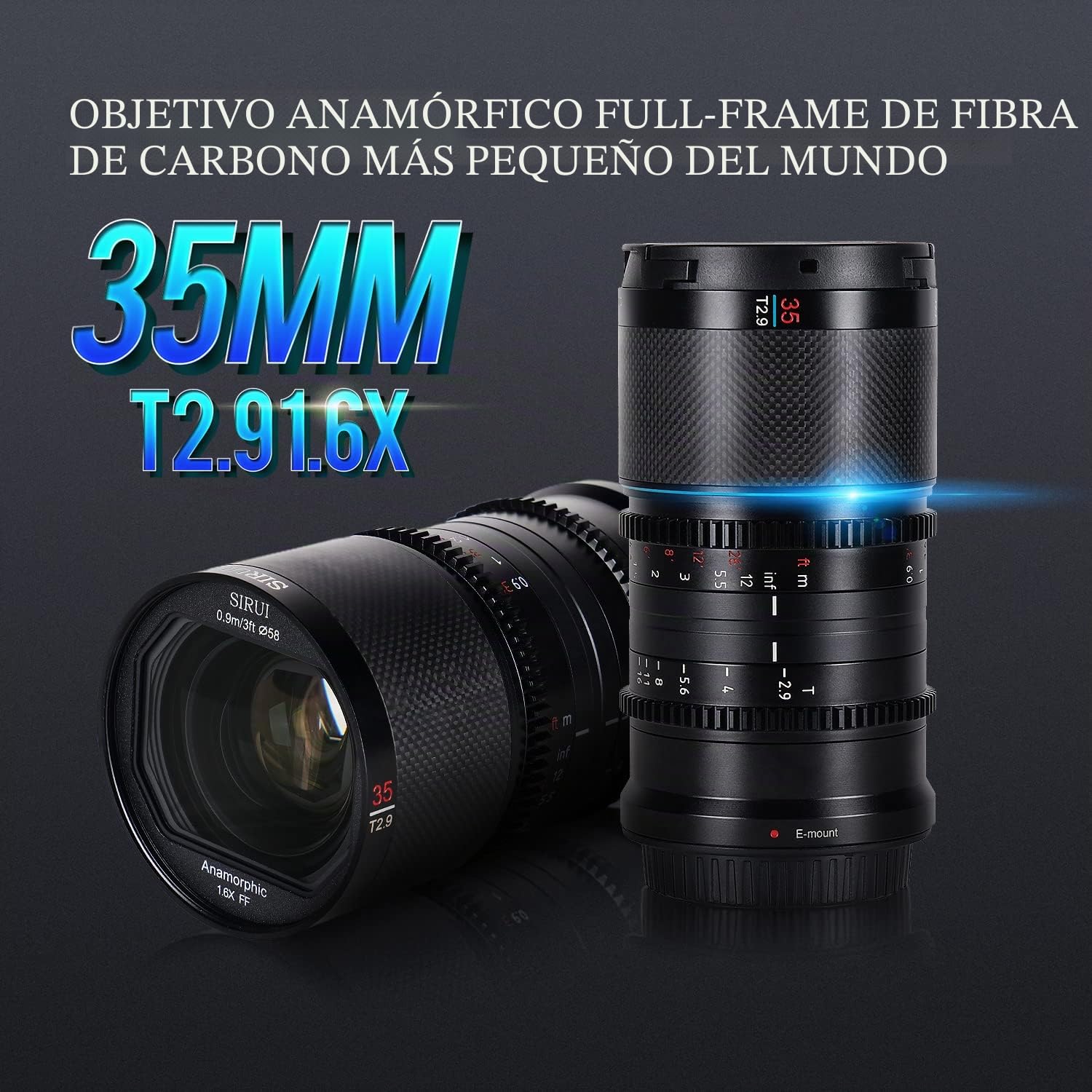 SIRUI Saturn 35mm T2.9 1.6X Full Frame Carbono Fibra Anamorphic Lens, Ligero Cine Cinema Objetivo Lens Lenses Lente para Drones, estabilizadores de cardán de Mano (E Mount, Blue Flare)