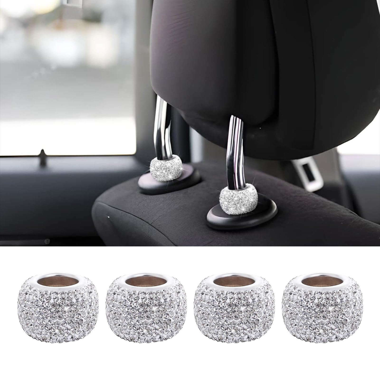 Kewucn 4 Pack Car Headrest Collars, Bling Auto Head Rest Collar Decor Rings, Crystal Diamond Vehicle Seat Collars Rings, Universal Car Interior Decoration Accessories for Most Cars (White)