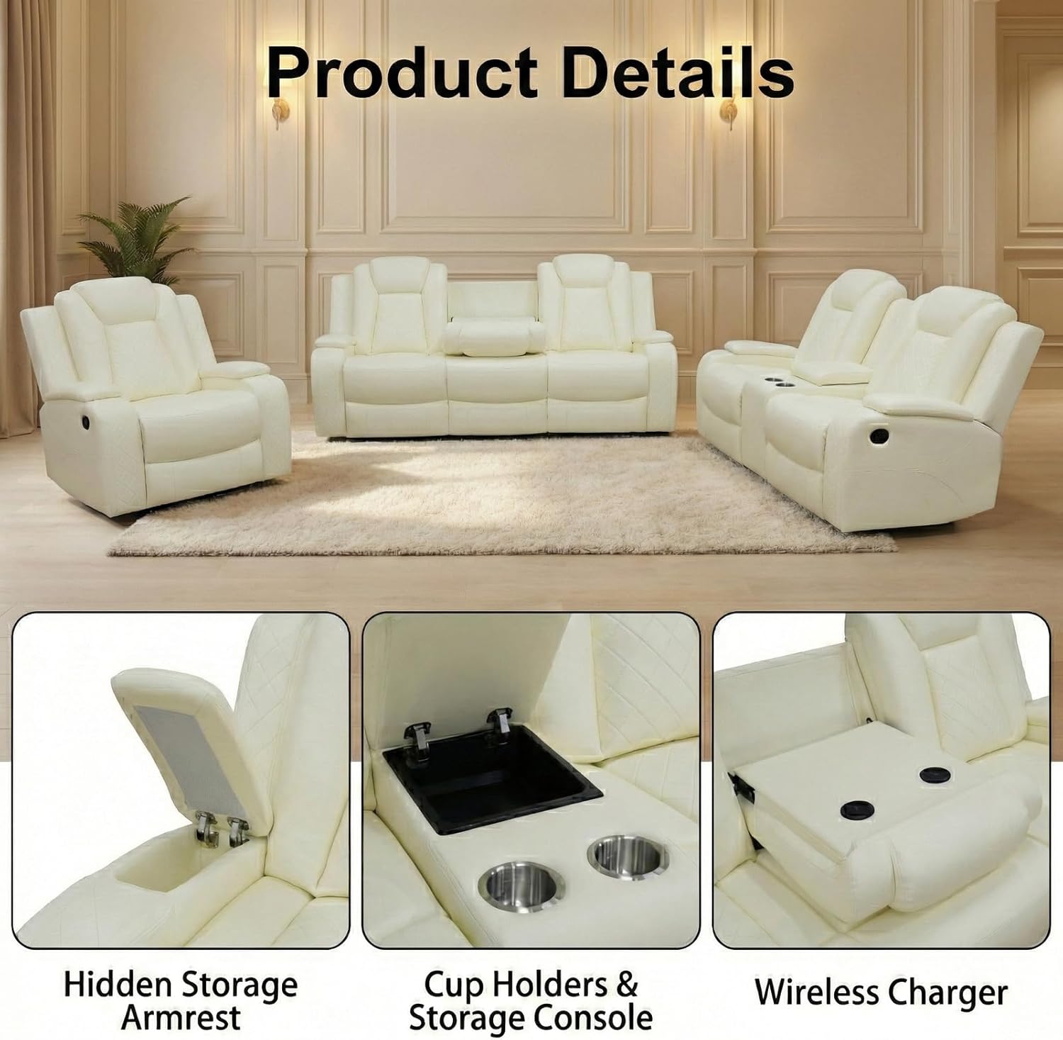 3-Piece Power Recliner Set with LED Lights, Recliner Sofa Loveseat Chair with Coffee Table/Storage/USB Power Port, Living Room Furniture Set for House/Office/HomeTheater/Apt, White