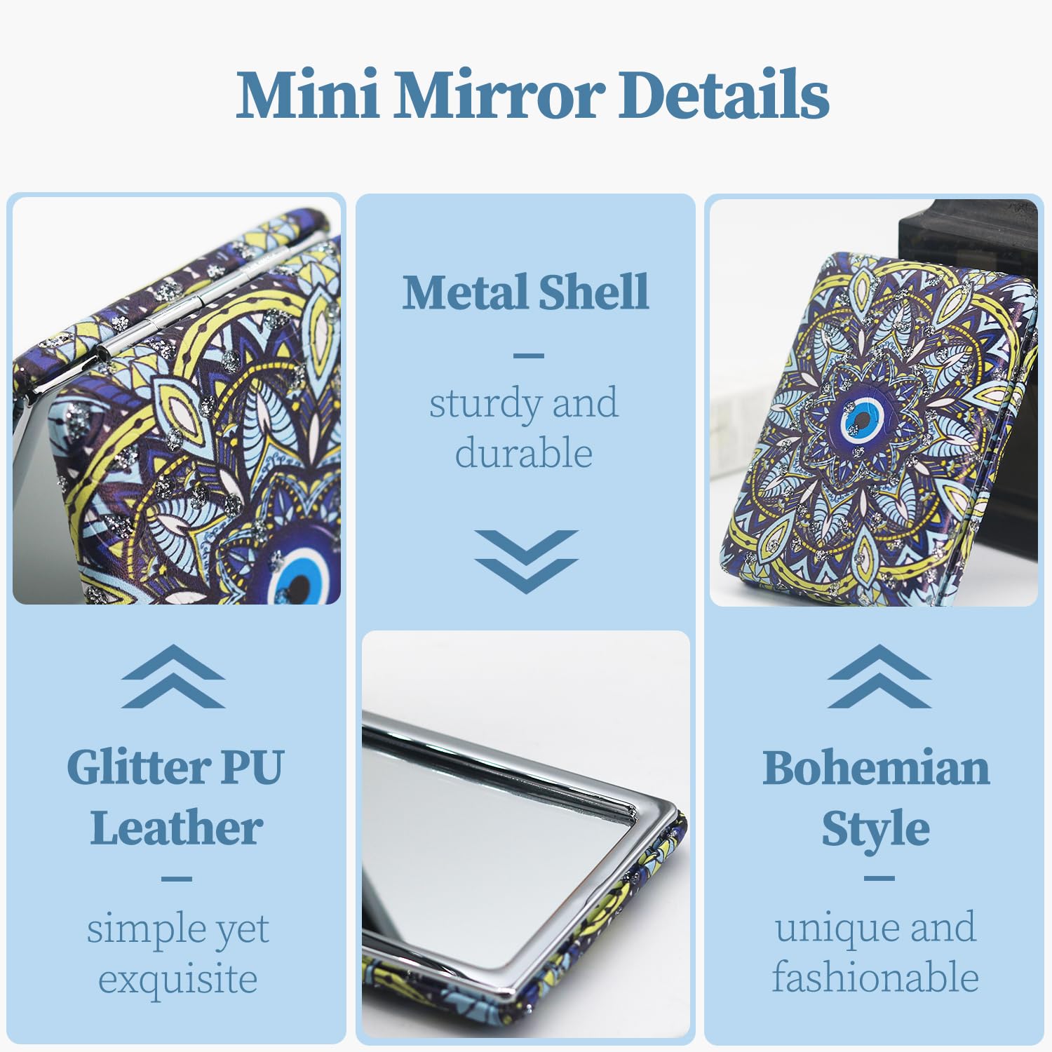 RONTEDA Small Compact Mirror - Pocket Mirror for Purse & Travel with Double Sided Square Glitter PU Leather - Image 3