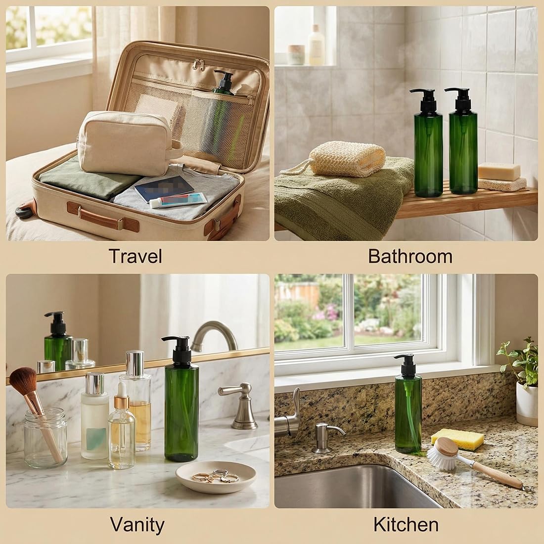 2 bottiglie in plastica da 250 ml, ricaricabili, con pompa nera vuota, per cosmetici, cosmetici, shampoo, balsamo, gel doccia, dispenser per lozioni (verde)