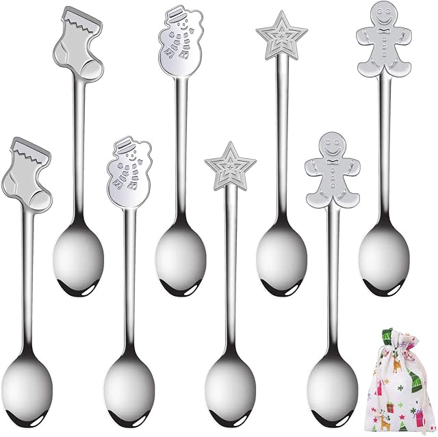 SLKIJDHFB Stainless Steel Spoons Set Coffee Dessert Teaspoons Christmas Metal Spoons Set 8 Pieces with Xmas Drawstring Bag