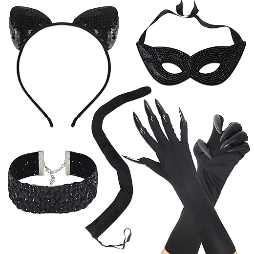 Costume da gatto nero da donna, accessorio per costume da catwoman, orecchie da gatto, maschera in maschera, fascia per coda di gatto, collana e guanti, costumi cosplay per Halloween
