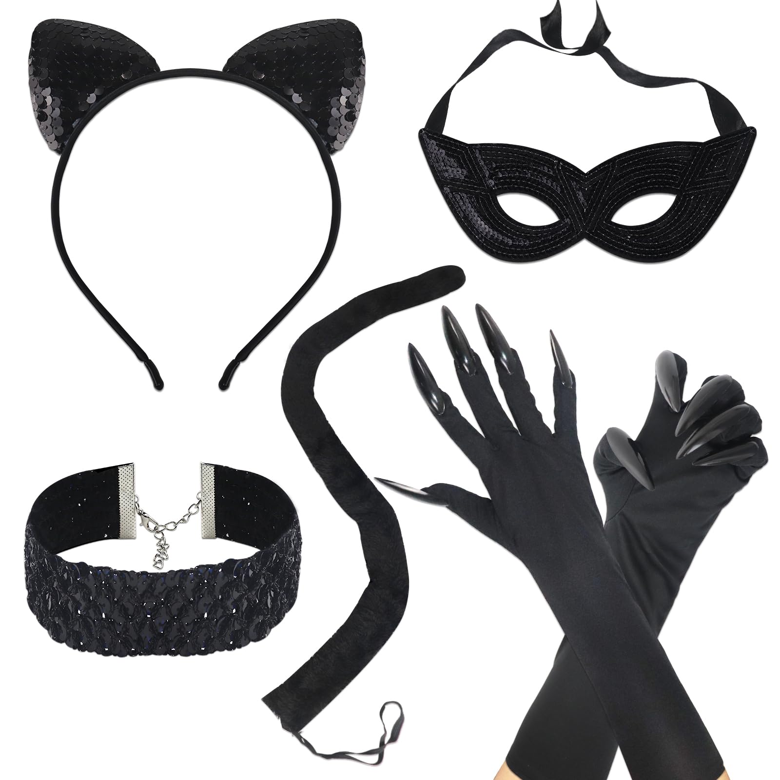 Oerphh 6PCS Black Cat Costume Set,Sequins Black Cat Ears Cat Tail Masquerade Mask Cat Claw Gloves Choker, Catwoman Costume Accessories for Women Halloween Cosplay (Style01)