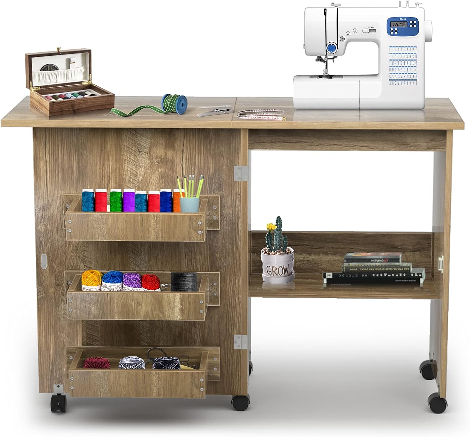 Albott Folding Sewing Table, Sewing Machine Table with Storage, Sewing Cabinet with Adjustable Shelf Hidden Bins Lockable Casters, Open/Fold (Brown)