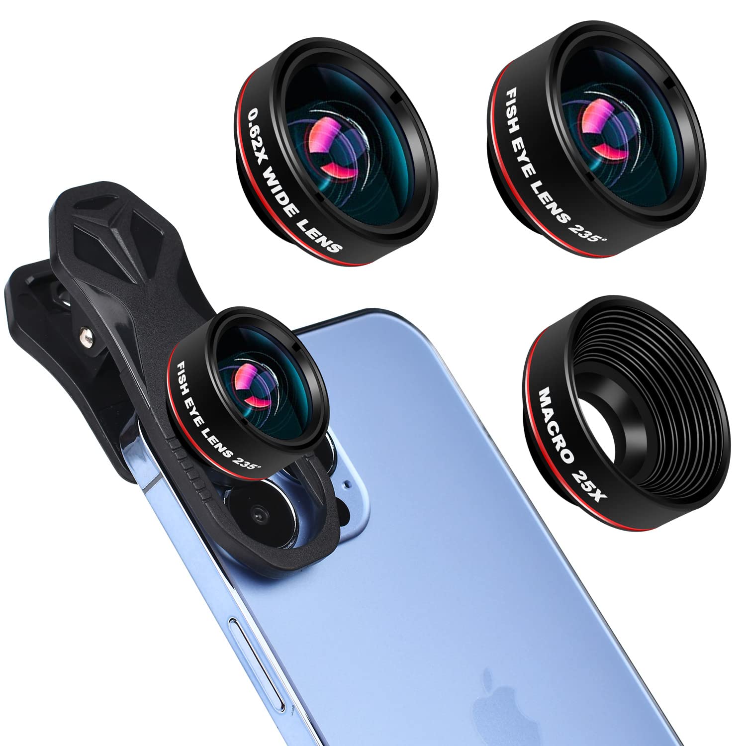 ULHYC Phone Camera Lens 3 in 1 Phone Lens Kit, 235° Fisheye Lens + 25X Macro Lens + 0.62X Wide Angle Lens for Smartphone