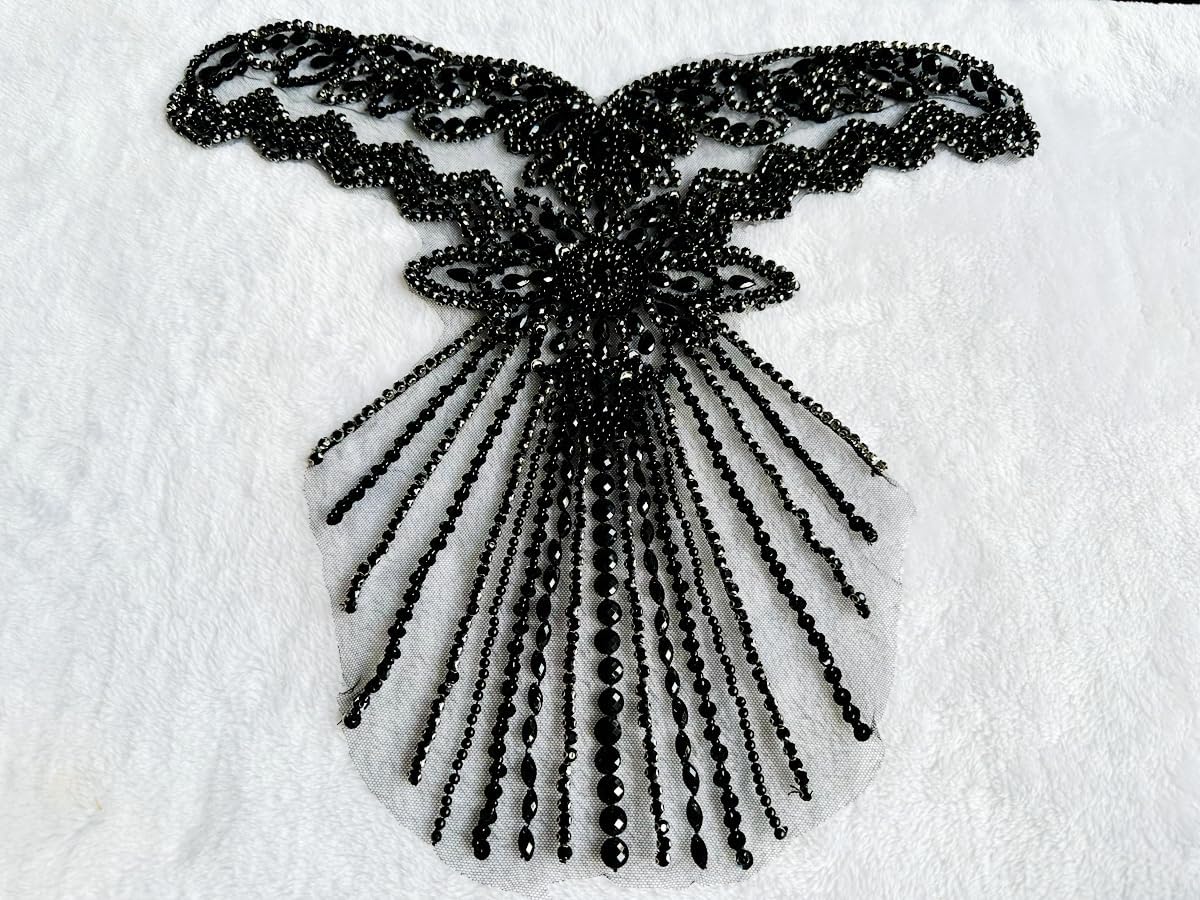 Pure Handmade Bodice lace Rhinestones Applique Sewing Stones Beads Crystal Trimming Patches Accessories for Weding Dress Decorations 16X13.7inches (Black)