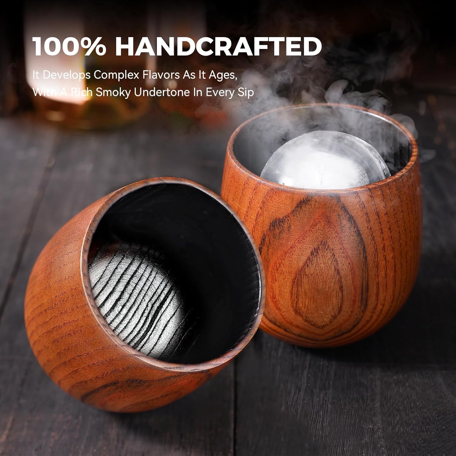 Charred Wooden Whiskey Glasses Set - 2 Pack with Ice Ball Molds - Premium Bourbon Gifts for Men Dad Brother - Old Fashioned Glasses - Image 3