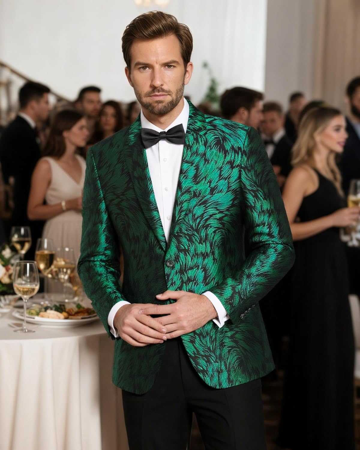 YND Men's Floral Tuxedo Jacket, French Suit Blazer, Slim Fit with Bow Tie for Wedding, Prom, Dinner - Image 2