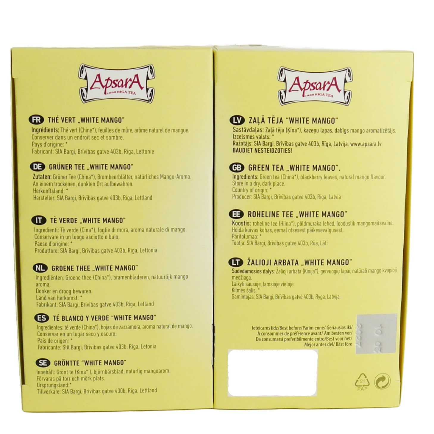 Apsara Premium té de Mango Blanco, juego de 3 (60 bolsitas), té verde y blanco con nota afrutada