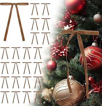 24 Pcs Khaki Velvet Christmas Bows - Velvet Bows for Tree Wreath Door Garland - Home Decor Indoor/Outdoor 3/8 Width, 5 * 7 inch - Camel