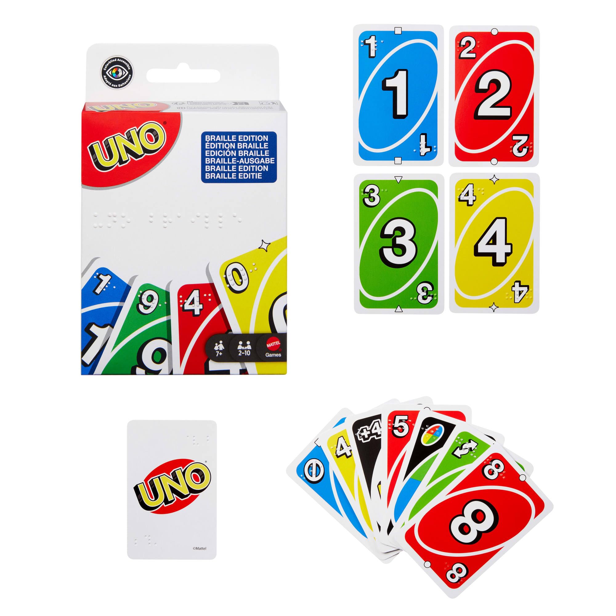 Mattel Games - UNO Braille, l'iconico gioco di carte in una versione speciale con un mazzo appositamente progettato per giocatori non vedenti o ipovedenti, 7+ anni, JMK87