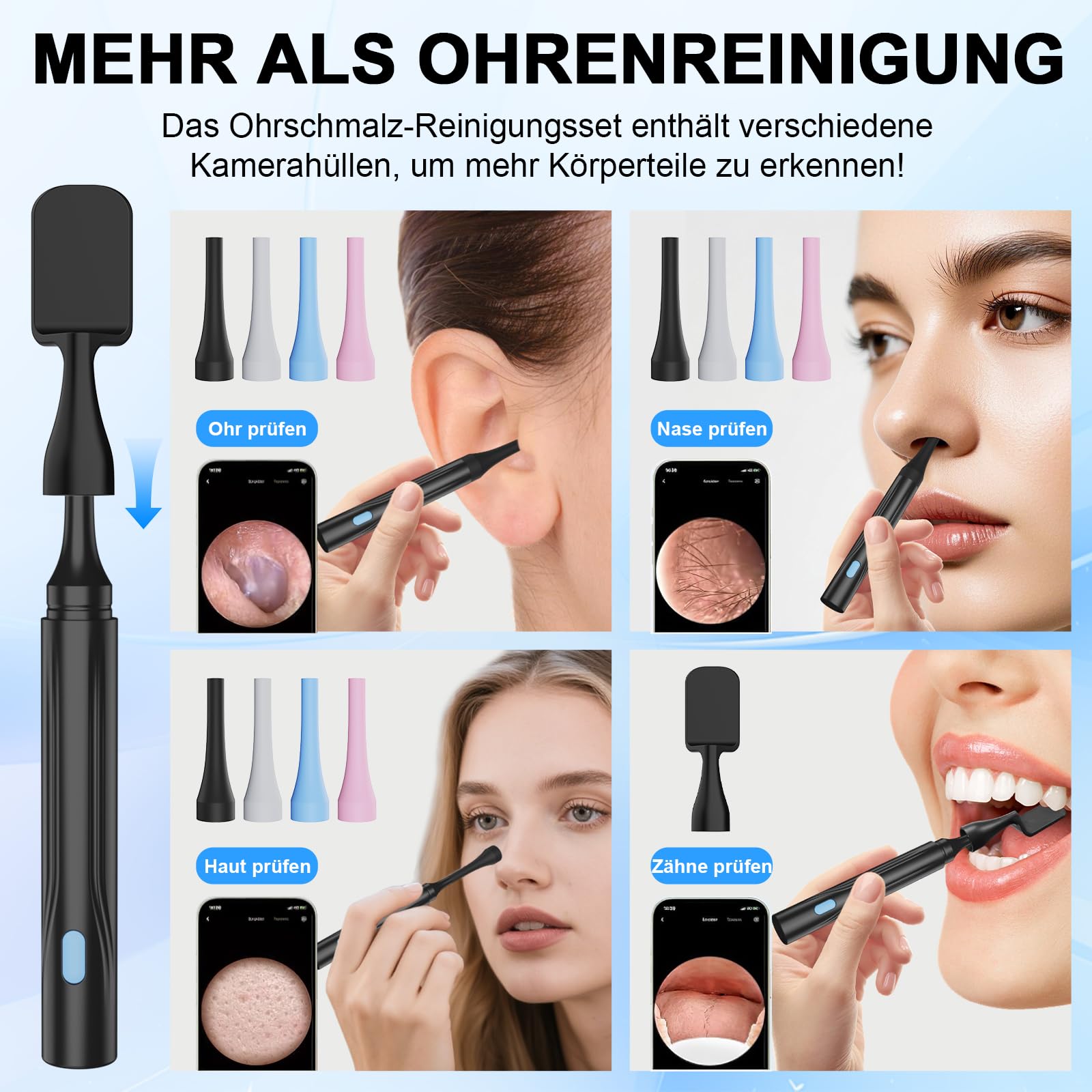 6 in 1 Kamerawerkzeug zur Ohrenschmalzentfernung mit Pinzette, Ear Scope Otoskop Set mit 6 LED Kameralichtern, visueller Ohrpicker, kabelloser Ohrenschmalzentferner (schwarz, DF004)