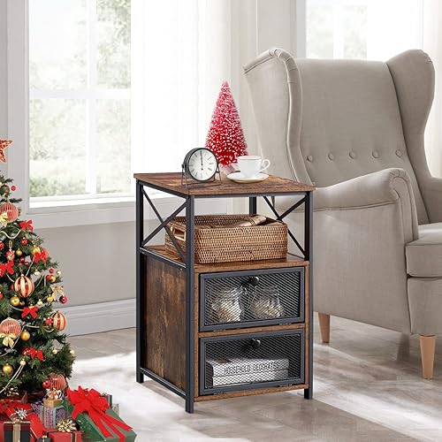 Miniatura 2 de VECELO Moderna mesita de noche, mesa auxiliar con espacio de almacenamiento y puerta, mesitas de noche con cajones abatibles para sala de estar,