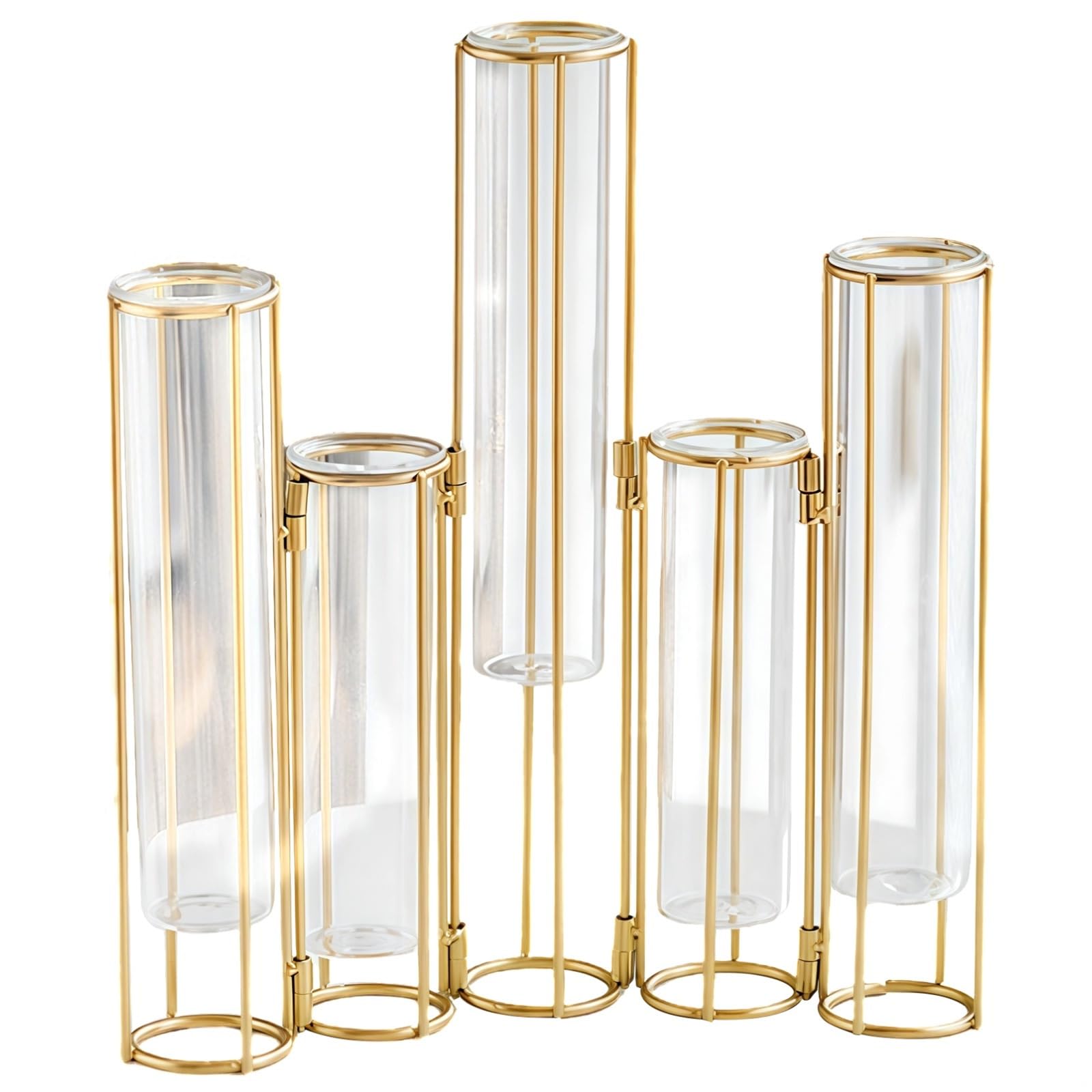 Vase tube à essai en métal doré avec 5 tubes en verre et cadre en fer pliable pour décoration élégante de la maison et du balcon