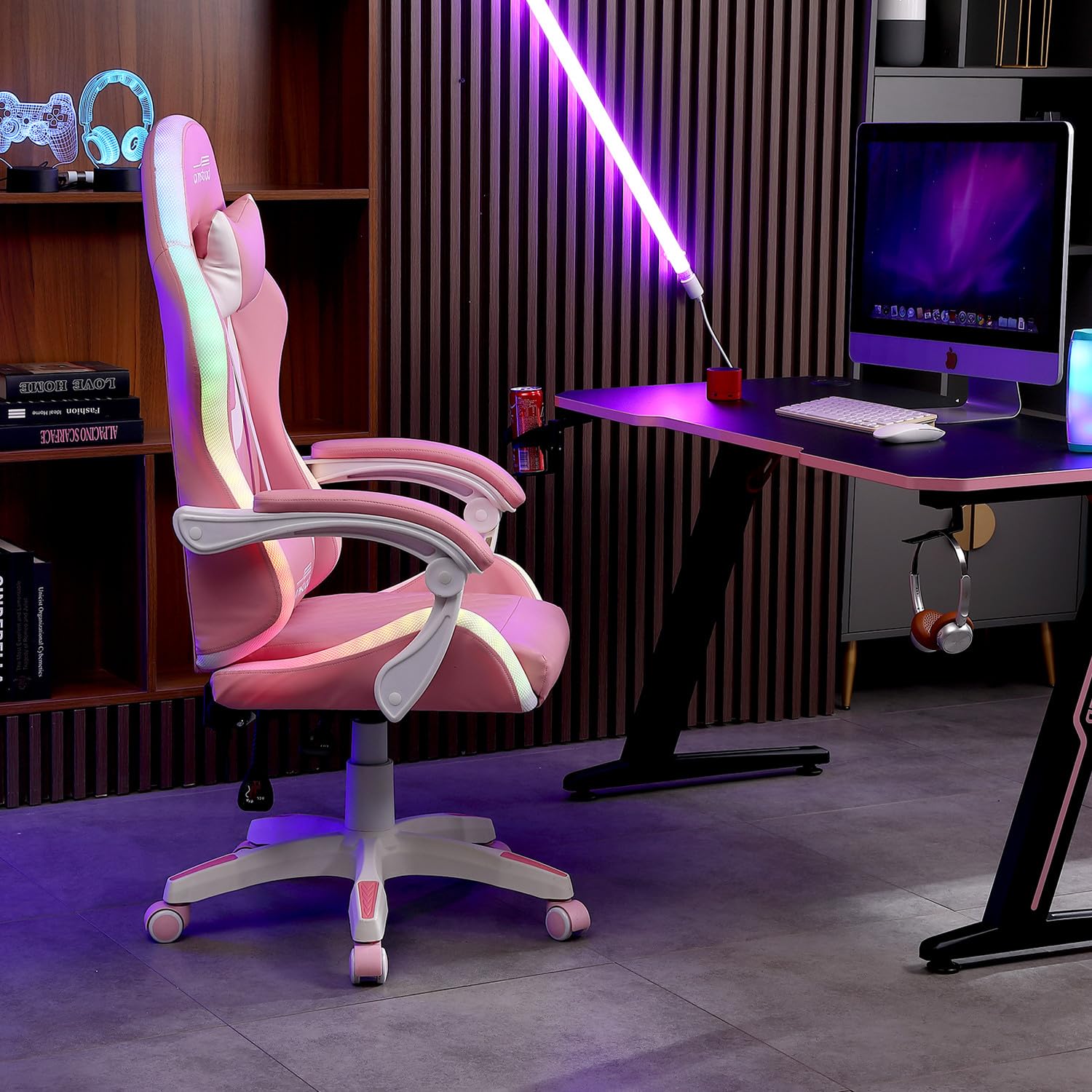Amstrad Fauteuil Gaming AMS-LED-Sakura - Simili Cuir Rose et Blanc - Eclairage LED 366 Effets - Télécommande