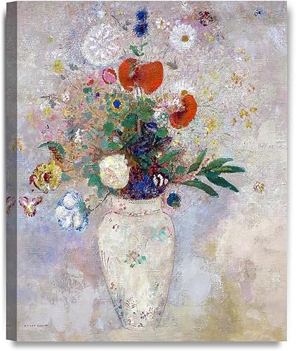 DECORARTS - Estudio de flores en jarrón blanco por Odilon Redon, reproducción de pintura al óleo impresión giclée en lienzo de algodón sin ácidos,