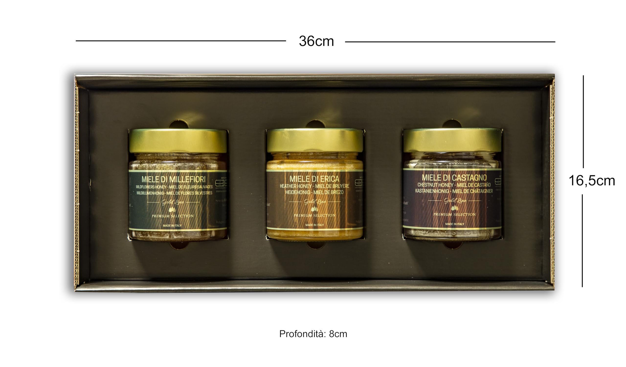 Coffret cadeau contenant trois des meilleurs miels italiens de la plus haute qualité