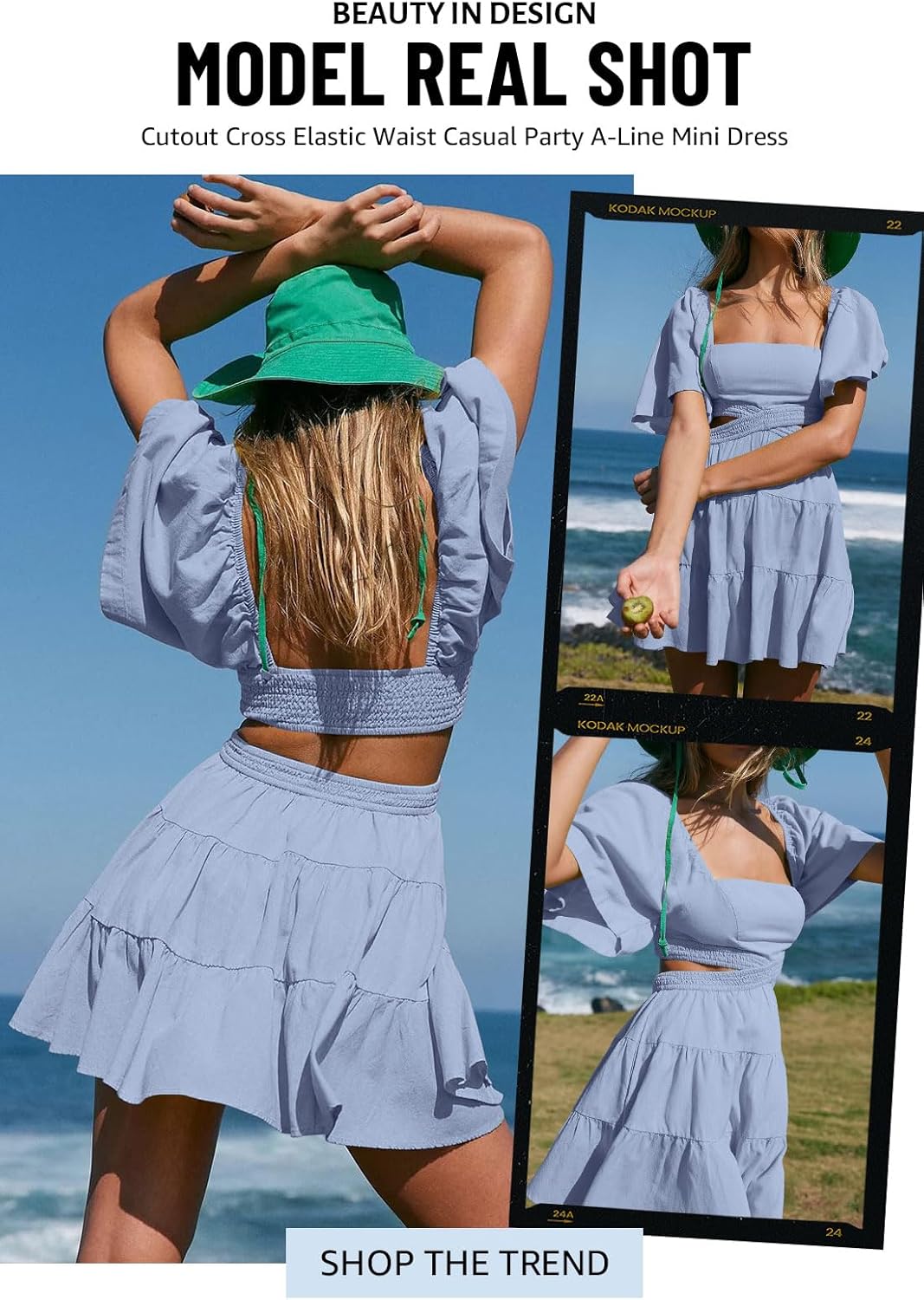 OWNGIGI Women's Summer Dresses Square Neck Short Sleeve Cutout Crossover Elastic Waist Casual Party A-Line Mini Dress - Image 5