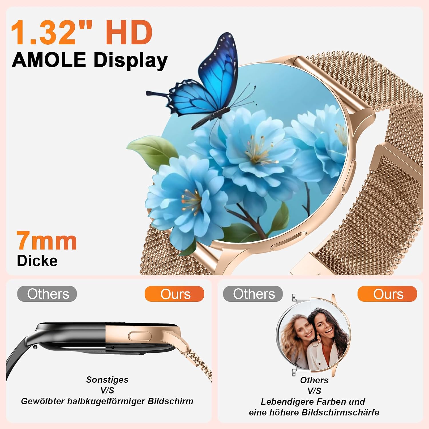 Smartwatch Damen, 1.32" AMOLED Uhr Damen Telefonfunktion IP68 Wasserdicht - Analyse des détails et conception