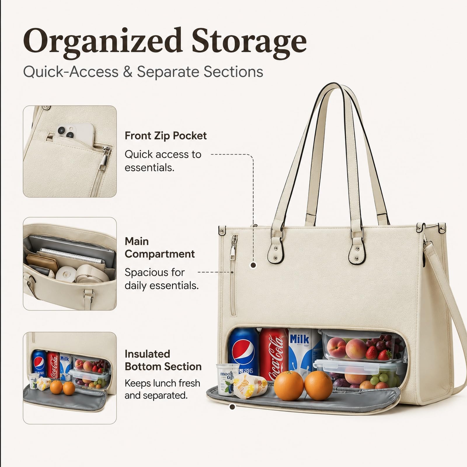 GOOGO Borsa pranzo donna con scomparto termico, borsa laptop elegante idrorepellente con vano lunch separato e molte tasche, per ufficio, campus e pendolarismo (bianco)