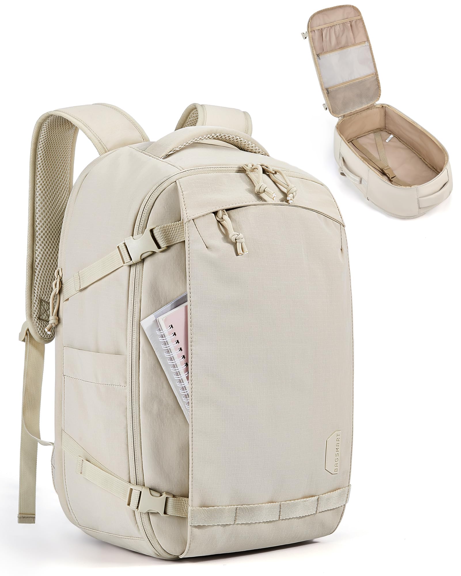 BAGSMARTBlast Travel Backpack, 15.6 Inch Carry On Backpack Flight Approved, TSA Approved Personal Item Travel Bag, Water Resistant Weekender Bag Luggage Daypack, Beige