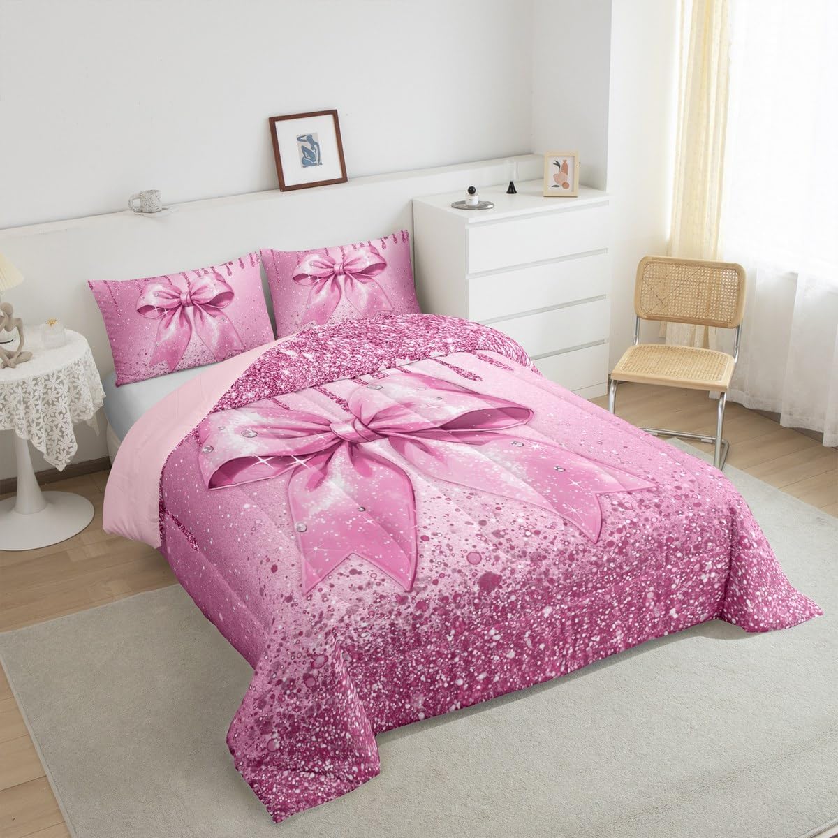 Kids Watercolor Bow Bedding Set Twin Size Pink Glitter Bow (No Glitter) Duvet Quilt for Boys Girls Teens Bedroom Decor Cute Bowknot Comforter Set Soft Microfiber Coquette Bows With 1 Pillow Case