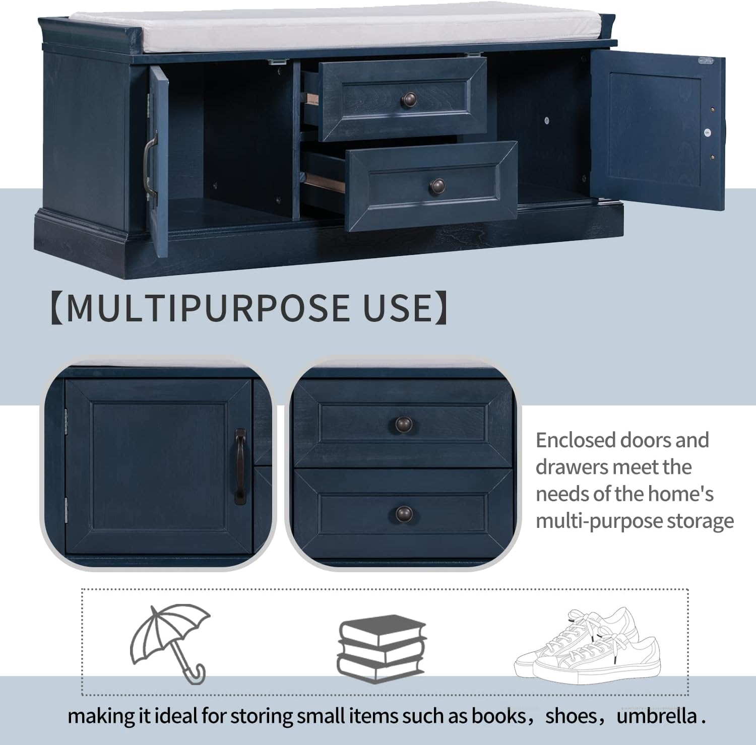 42.5″ Storage Bench with 2 Drawers and 2 Cabinets, Entryway Shoe Rack w/Removable Velvet Cushion,for Living Room, Hallway, Porch,Antique Navy