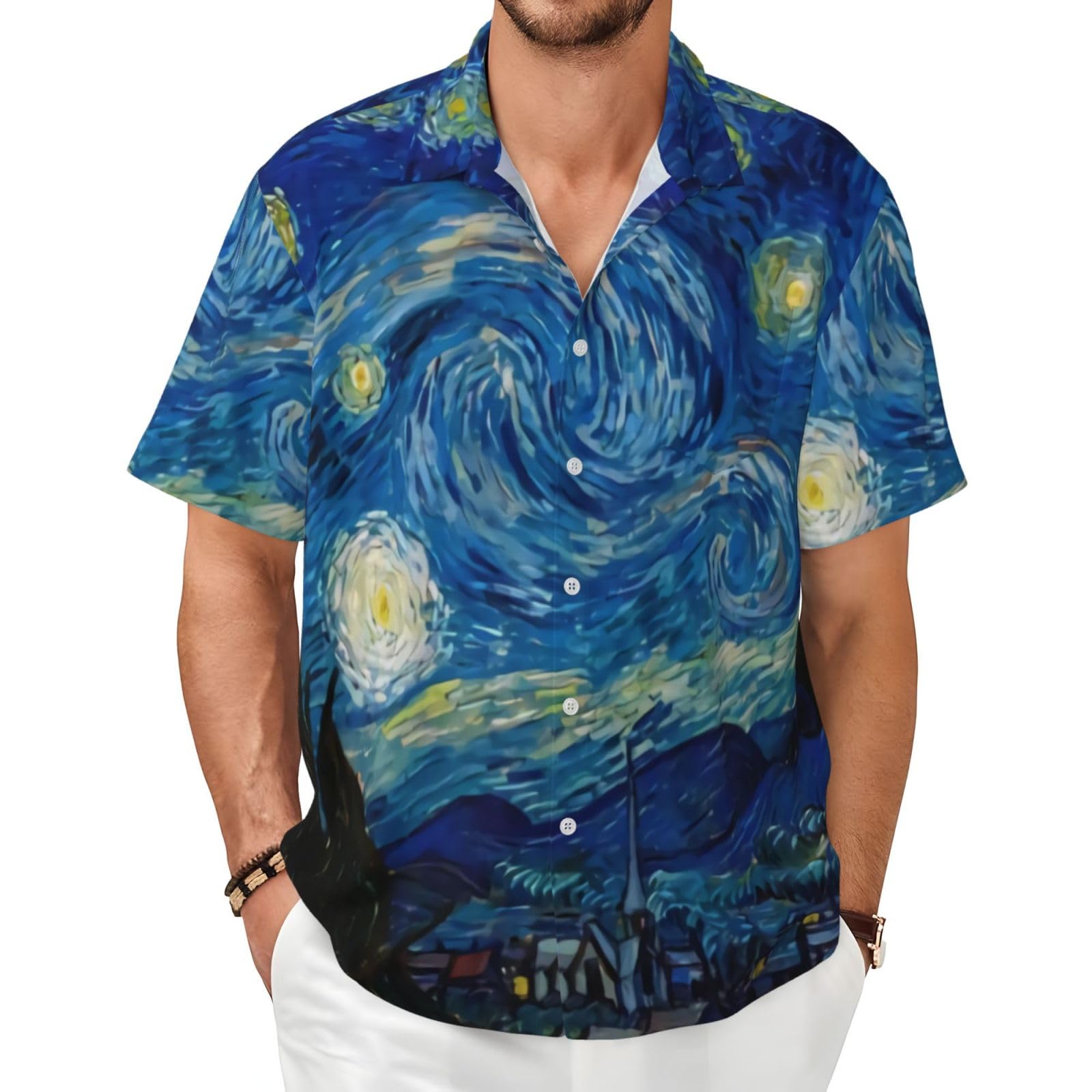 XIAKU Ohio State Gray Men's Shirts Short Sleeve Casual Fashion Polo Button Down Shirt for Men Beach Summer Wedding Pocket, The Starry Night Van Gogh, XXXXL