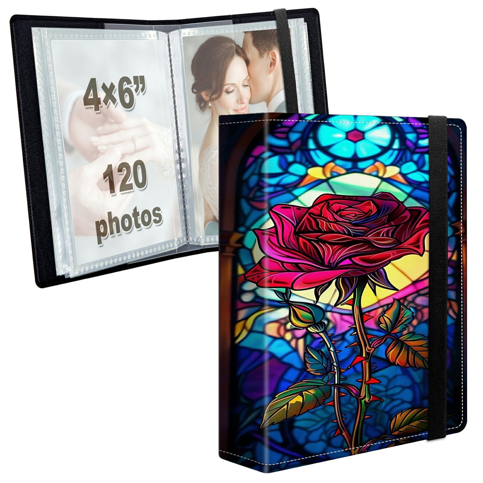 Photo Album 4x6 120 Photos with Strong Elastic Band, Stained Rose Window