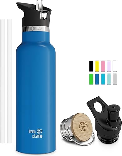 Involve & Evolve Botella de agua aislada con 3 tapas (tapa con pajilla) para niños, reutilizable, de doble pared, de acero inoxidable, termo de