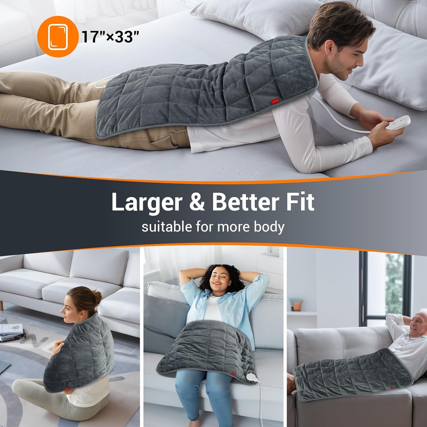 Comfytemp Far Infrared Large Heating Pad 17"×33" for Deeper Back & Period Relaxation, FSA Eligible Weighted Electric Heat Pad with Evenly Filling Ceramic Bead for Better Fit, HSA King Size Heated Pad