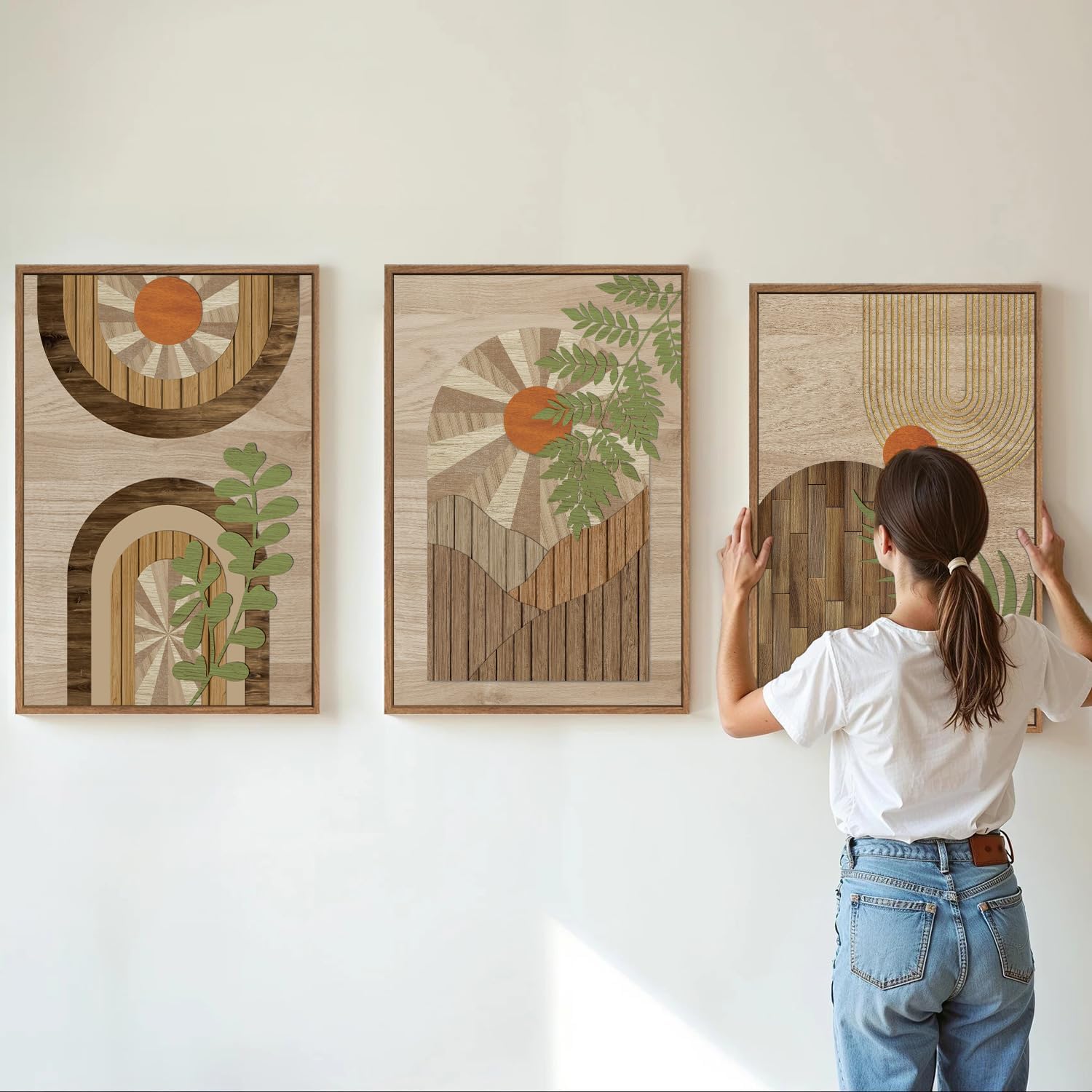 KYLESONLIE Mid Century Modern Framed Canvas Wall Art Set, Boho Wood Geometric Panel Wall Decor, Rustic Wooden Arch Art Painting, Pastel Sage Green Leaf Artwork for Living Room Bedroom Office 16"x24"x3