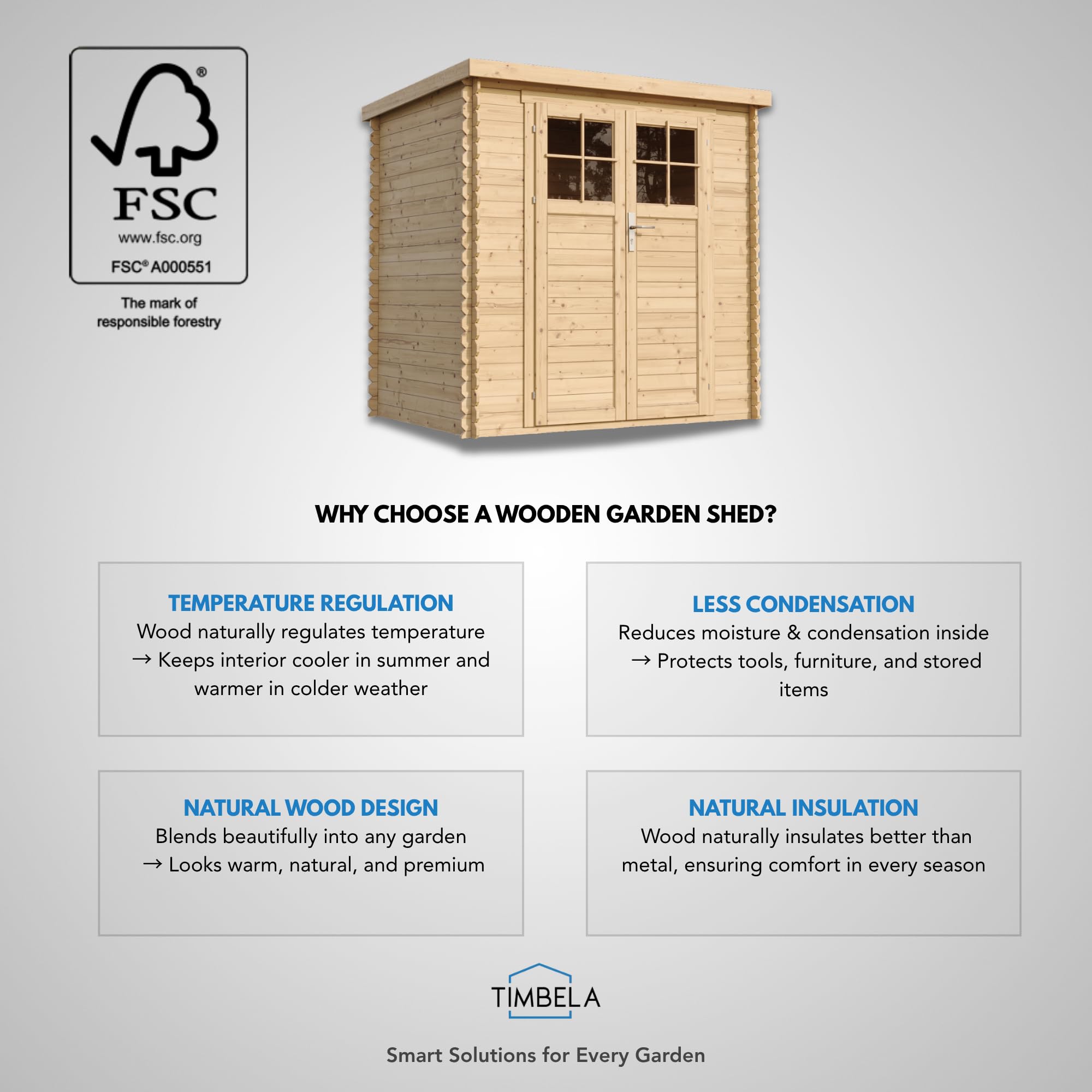 Abri de Jardin en Bois 2,63 m², Cabane de Jardin Exterieur 19 mm épaisseur de Paroi, Cabanon Jardin Exterieur à Outils et Velo avec Fenêtres, TIMBELA M306