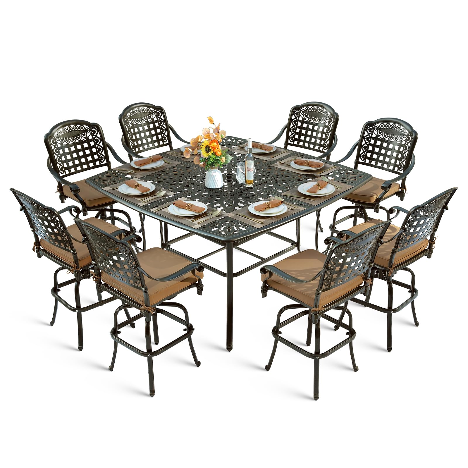 MEETWARM 9-Piece Outdoor Patio Swivel Bar Set, All Weather Cast Aluminum Patio Bar Table and Chairs Set with 8 Cushioned Swivel Bar Stools, Large 64" Square Patio Bar Height Table, 2.2" Umbrella Hole