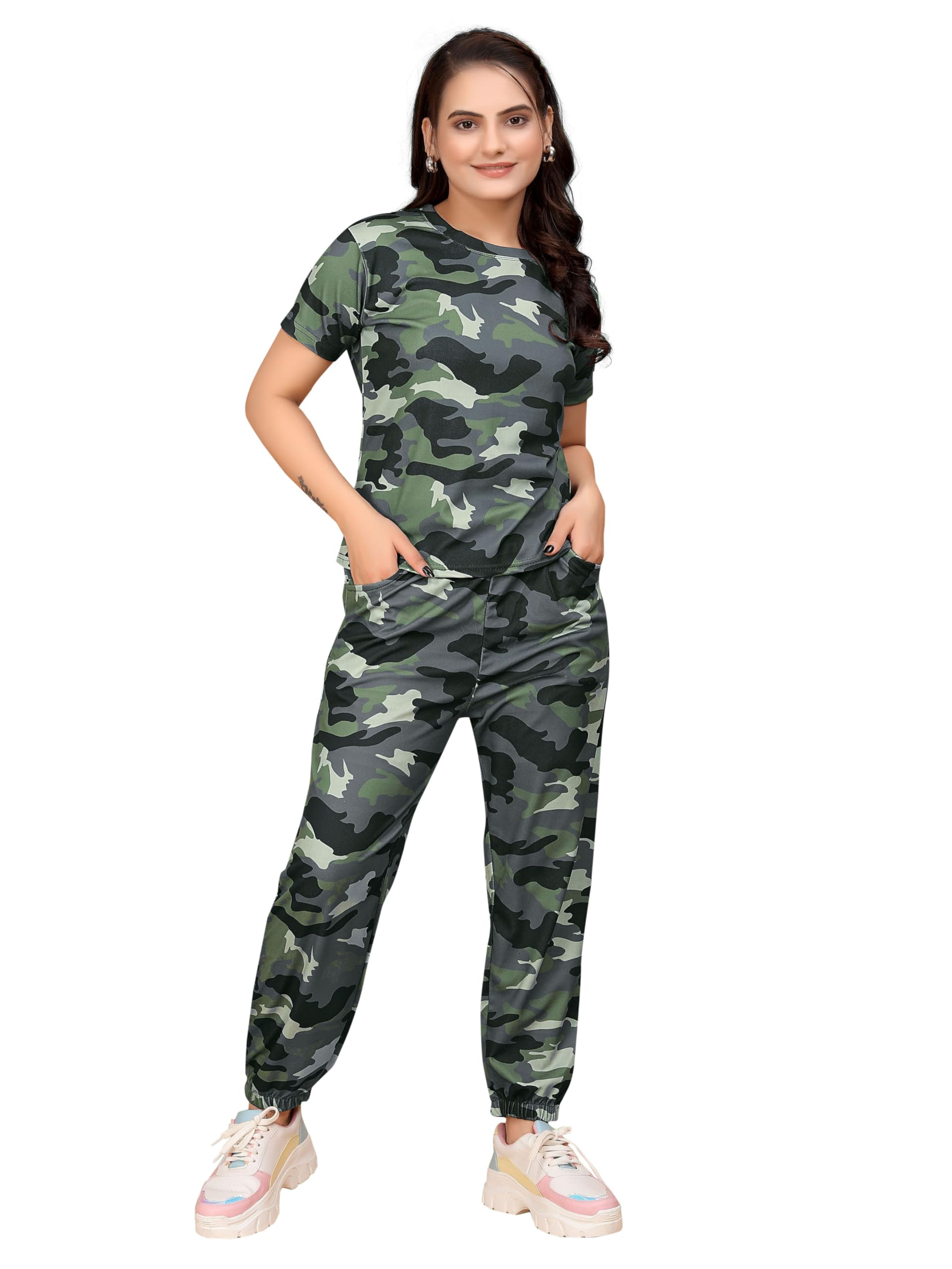 sakarmaa Women's Round Neck Night Suit in Polyester Lycra And Gym Outfit with Side Pockets and Drawstring Waist-picture-39