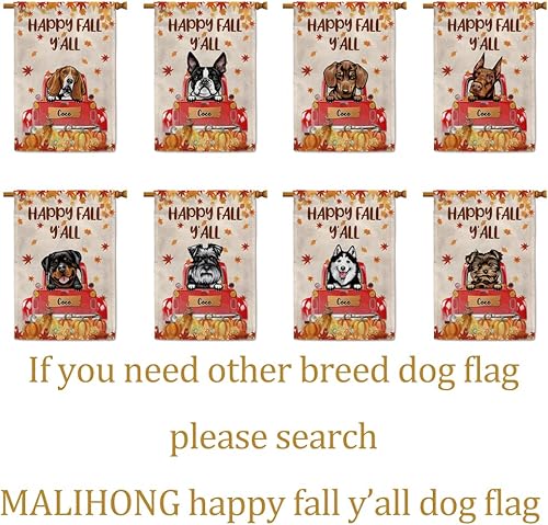 Miniatura 6 de Bandera con texto en inglés Happy Fall Y'all con diseño de perro inteligente con calabaza en camión rojo y hojas de arce, pancarta de otoño para