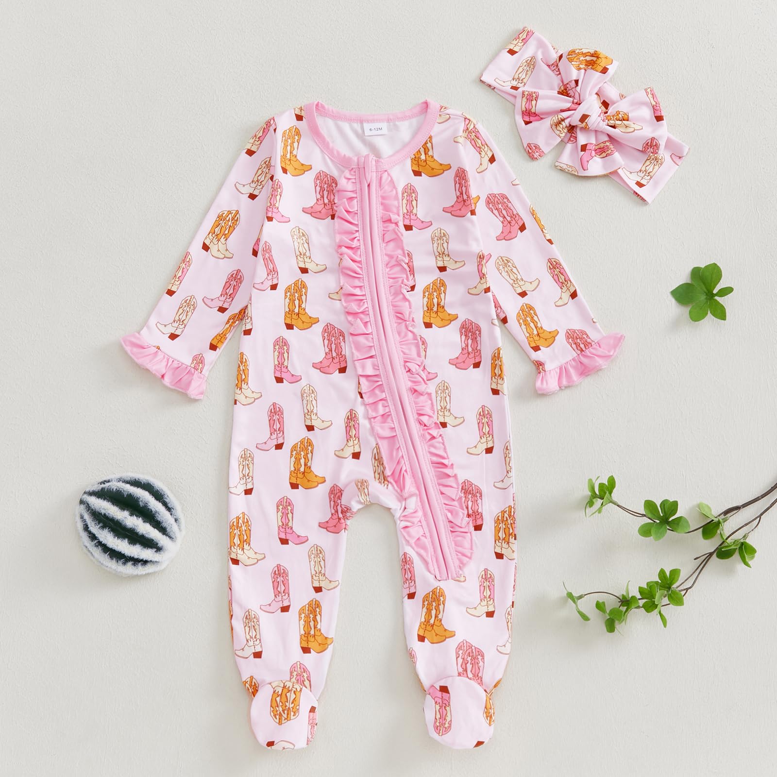Ysfanwuxi Newborn Baby Girl Western Clothes Cowgirl Boots Footie Romper Ruffle Long Sleeve Zipper Jumpsuit Coming Home Outfit (Pink, 0-3 Months)