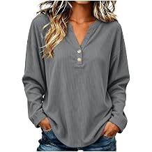 Women's Ribbed Notch Neck Blouse Long Sleeve Casual Loose Fit Shirt