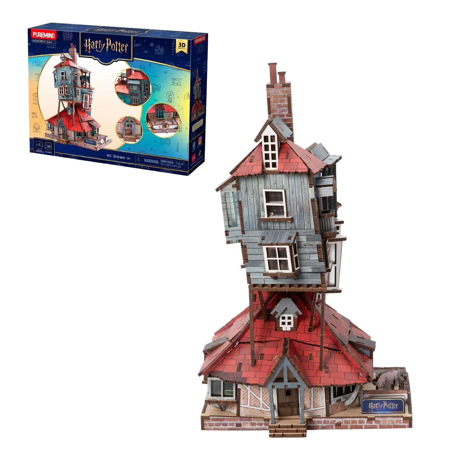 PUREMIND Harry Potter La Tana, Puzzle 3D in legno, casa Weasley senza colla | Licenza ufficiale, regalo Harry Potter, senza colla, porte apribili, 16 finestre, casa Weasley, pezzo da collezione, scaffale
