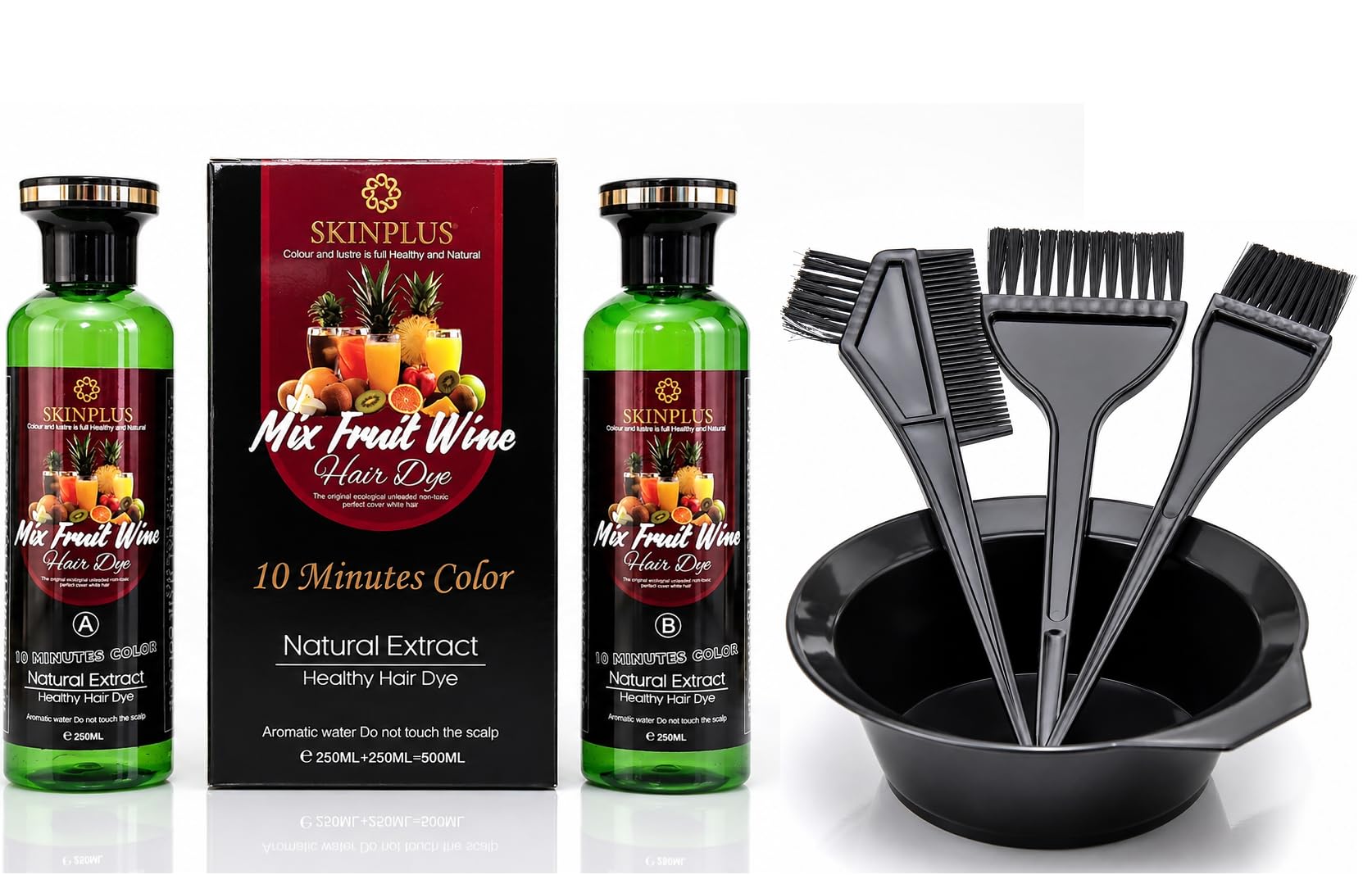 SKINPLUS Mix Fruit Wine Hair Dye Natural Black Hair Color, 10 Minutes Color, Natural Extract Formula, 500ml (250ml x 2), Complete Hair Coloring Kit with 3 Applicator Brushes & Mixing Bowl-image-27