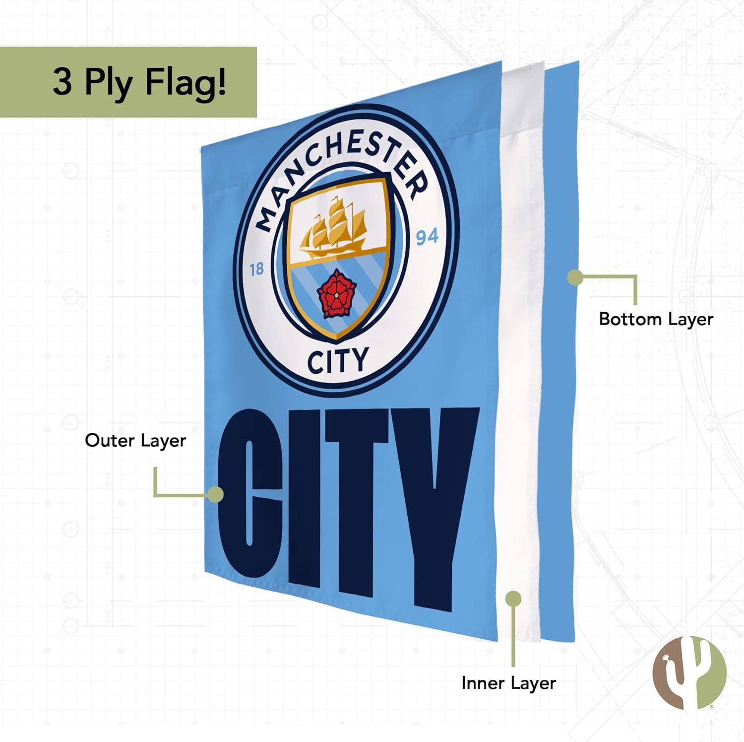 Desert Cactus Manchester City Football Soccer Man City MCFC Banner Flag - 40 x 30 inch Double-Sided 3-Ply Banner for Indoor/Outdoor Use, Durable College Spirit Flag (House Flag B)