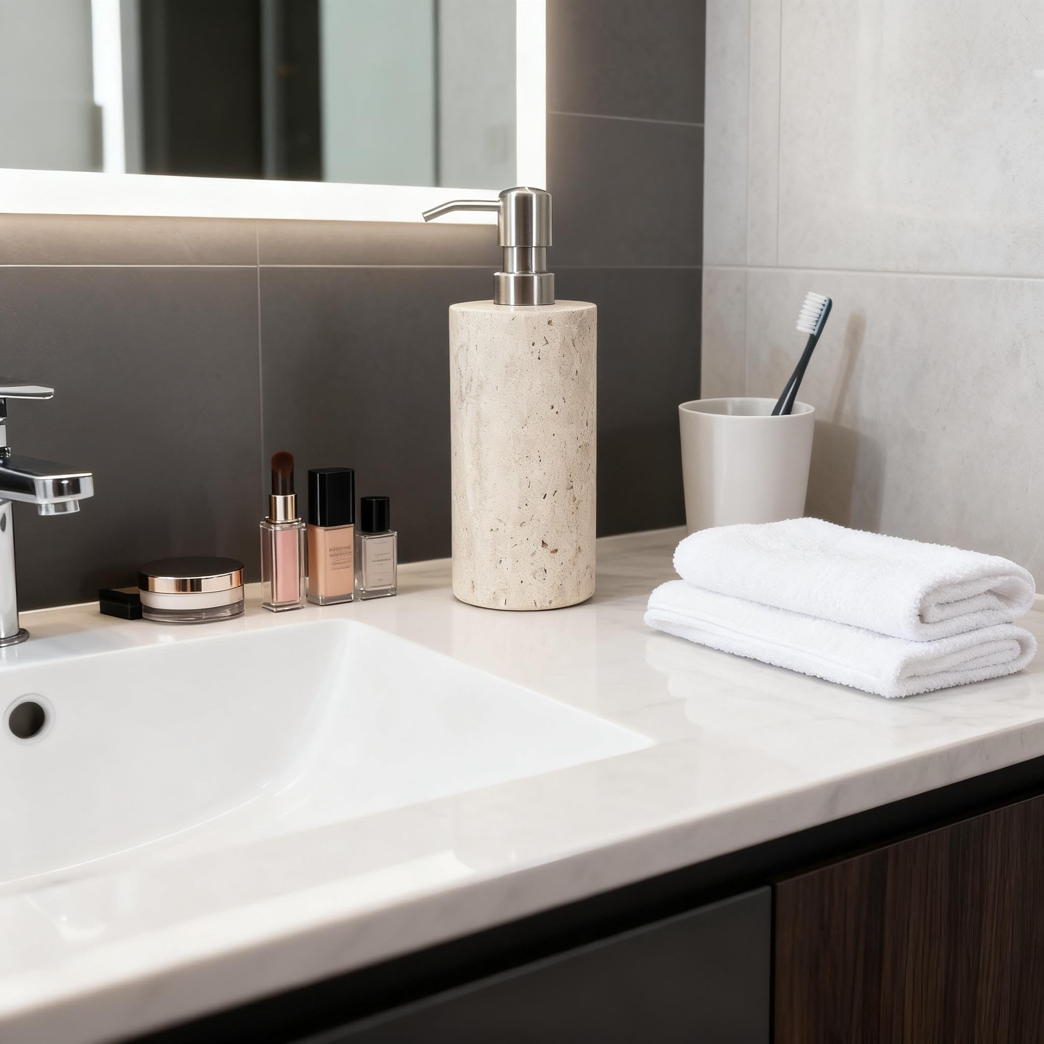 Dispensador de jabón de mármol travertino natural con bomba de acero inoxidable, botellas de jabón líquido de loción de mármol para cocina y baño