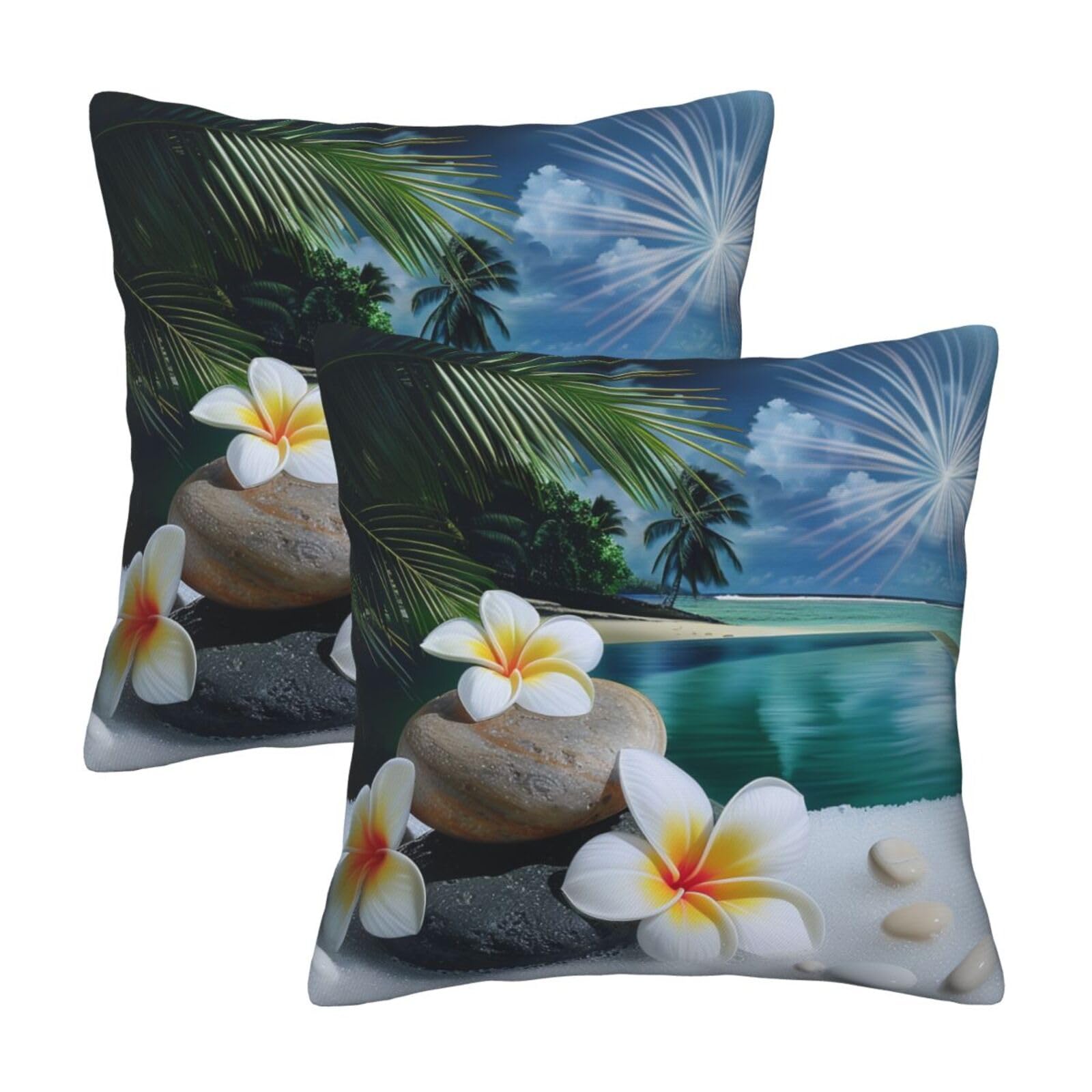 kkvhhyuo Tropical Flower and Zen Stone Print Pillow Covers Set of 2, Square Decorative Cushion Covers with Hidden Zipper, Throw Pillow Cases for Living Room Sofa Bed Chair, 50x50 cm