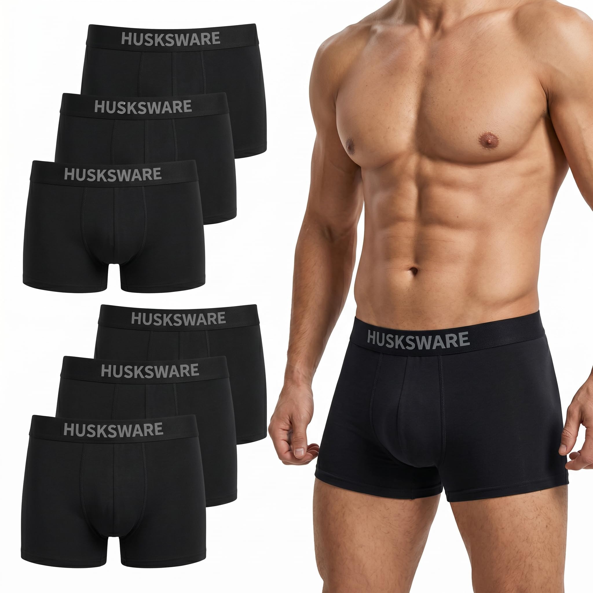 HUSKSWARE Boxer Homme Lot de 6, 95% Coton, Boxer Homme sans Étiquette, sous-vêtements Homme Respirants, Tissu Stretch, Ceinture Élastique Confortable, Caleçon Homme S-XXL
